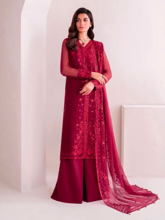 Front view of embroidered georgette top with palazzo and dupatta