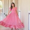 Readymade faux georgette printed gown with bell sleeves and V neck