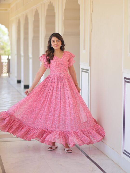 Readymade faux georgette printed gown with bell sleeves and V neck