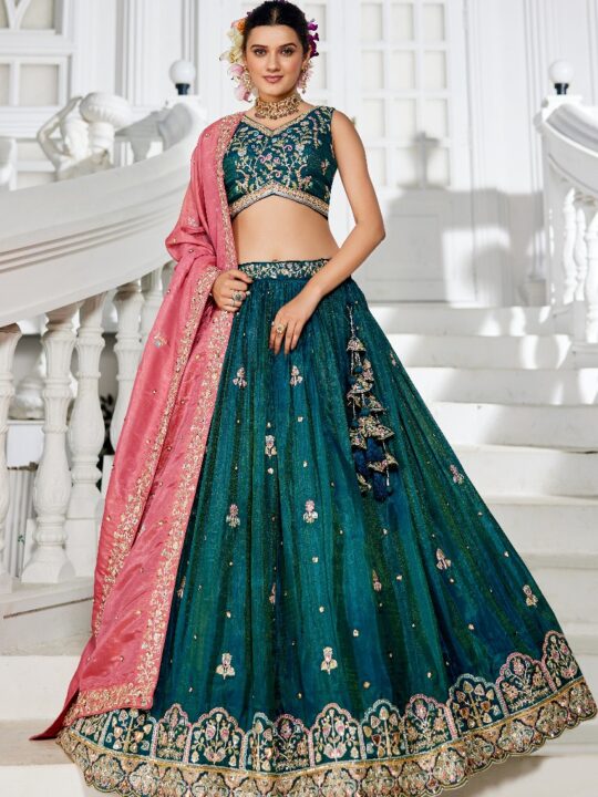 Traditional silk chaniya choli with embroidered velvet blouse
