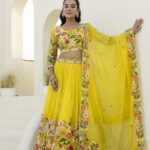 Yellow embroidered chaniya choli with dupatta – front view
