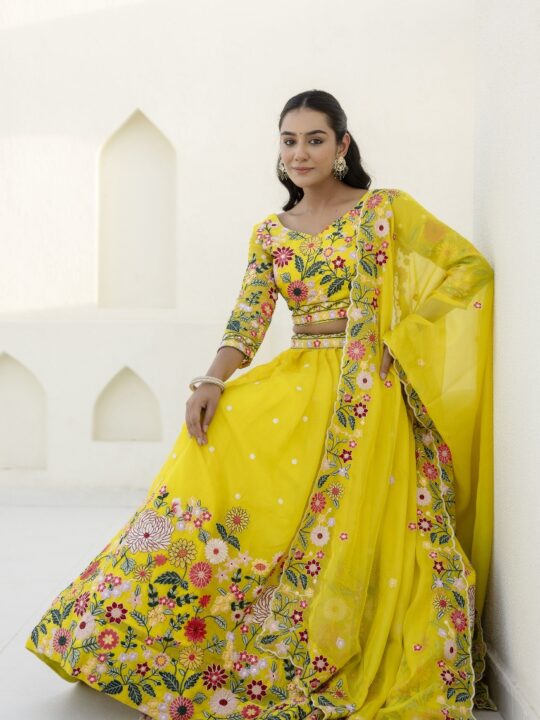 Floral lehenga skirt with multicolor embroidery