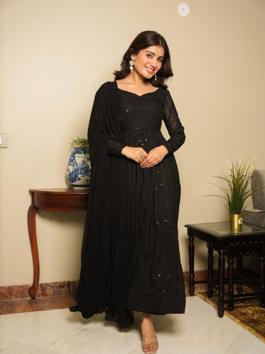 Black Georgette Lucknowi Anarkali Suit with Printed Top and Tassel Dupatta