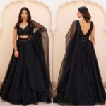 Black georgette embroidered lehenga choli with net dupatta – front view