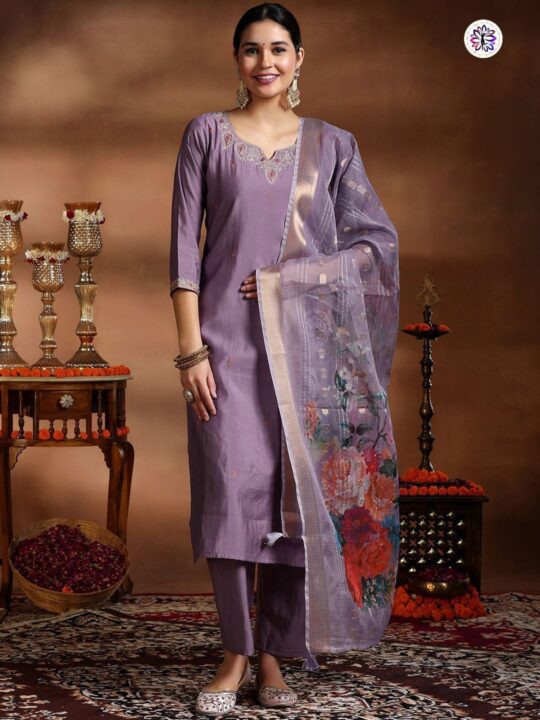 Elegant viscose embroidered suit set with organza dupatta – Pramukhmart