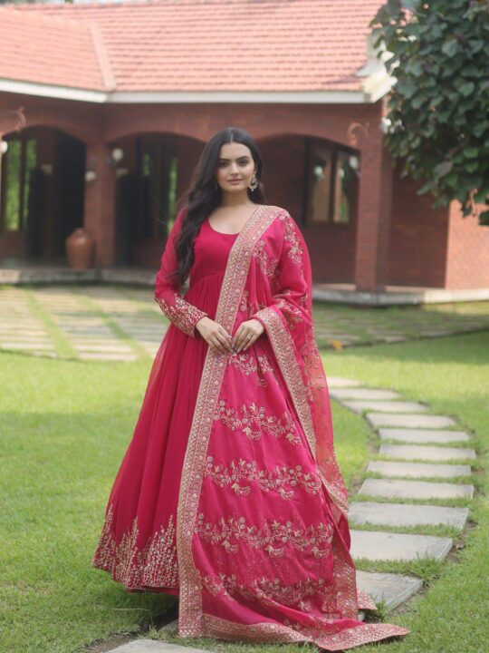 Pink faux blooming gown with dupatta - embroidered sequin work - Pramukhmart