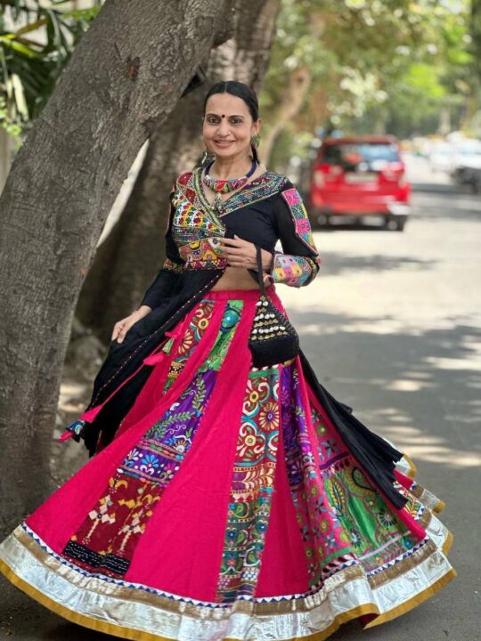 Muslin cotton chaniya choli with real mirror work and digital print – front view