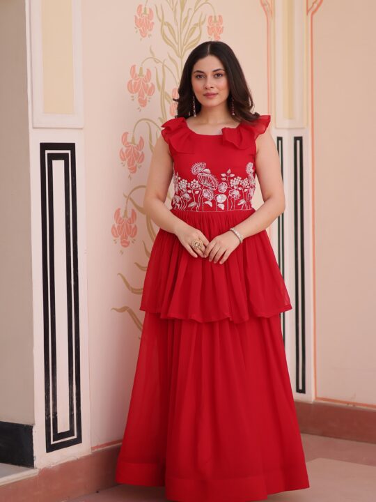 Red Designer Peplum Gown with Beads