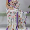 Floral linen saree with tassels front view
