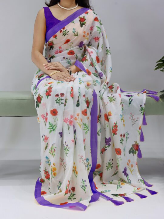 Floral linen saree with tassels front view