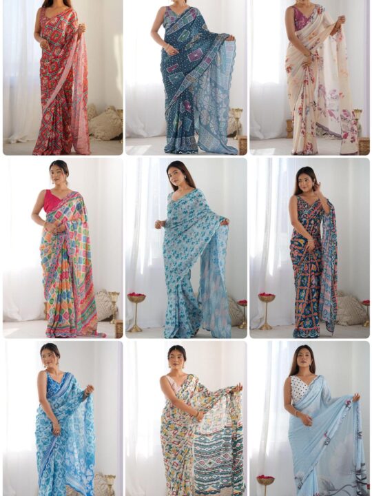 Elegant georgette silk saree with digital print and mirror border from Pramukhmart