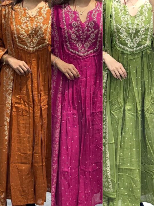 Embroidered Anarkali kurta set for women with cotton pant and malmal dupatta – Pramukhmart