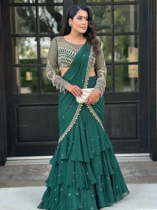 Full sleeve embroidered blouse with golden lace