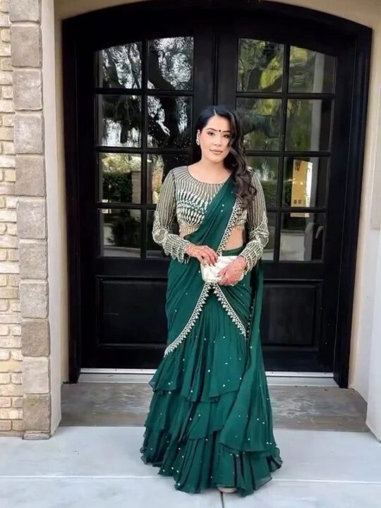 Ready to wear ruffle lehenga saree with blouse – front view
