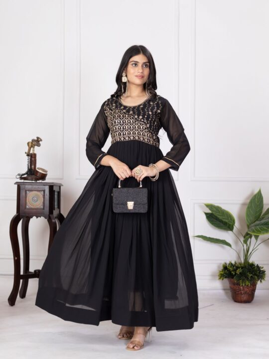 Elegant Black Faux Georgette Gown with Zari and Sequins Embroidery