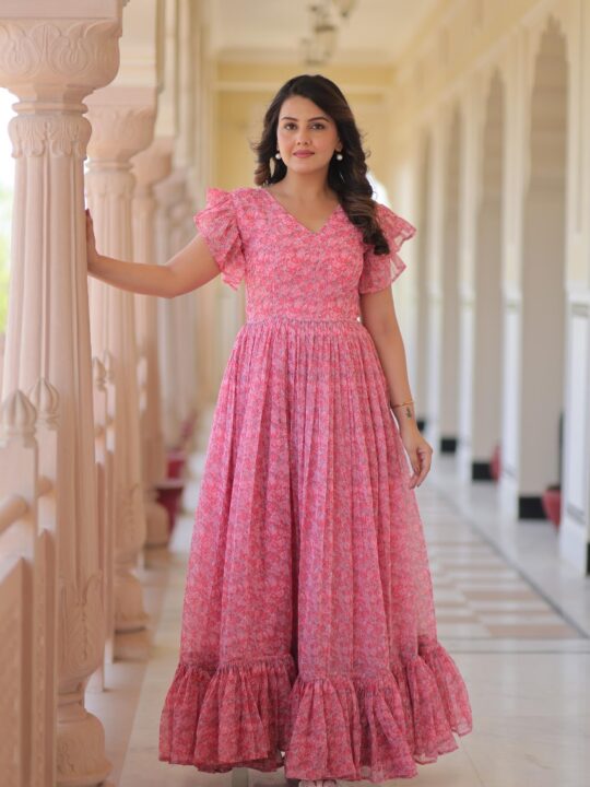 Faux Georgette Printed Gown with Bell Sleeves – Pramukhmart
