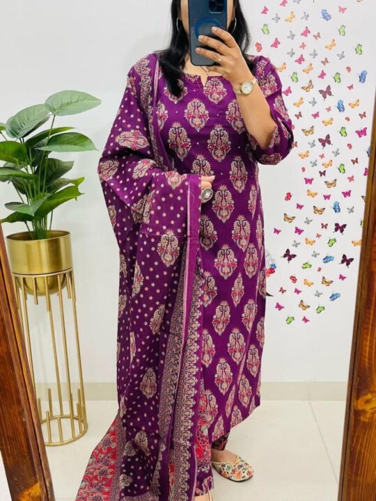Royal purple Ajarakh cotton suit set with dupatta