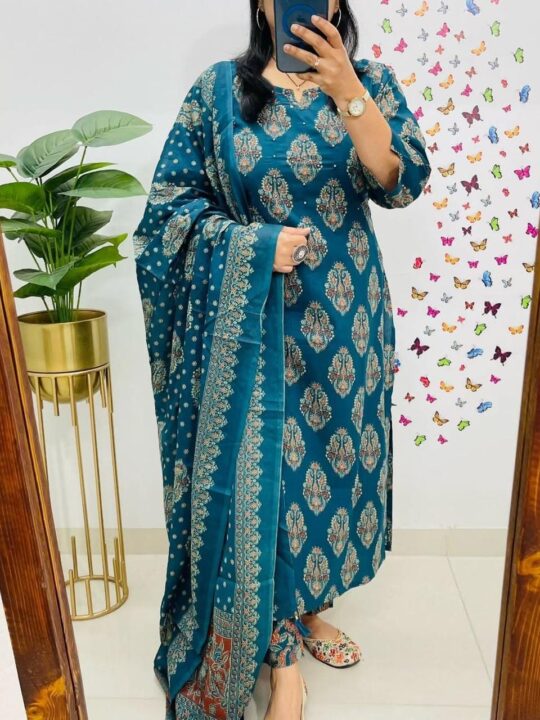 Teal blue ethnic 3-piece cotton suit set