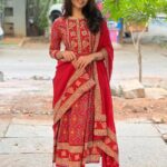 Cotton hand embroidered flared kurta set with pants and dupatta for women – Pramukhmart