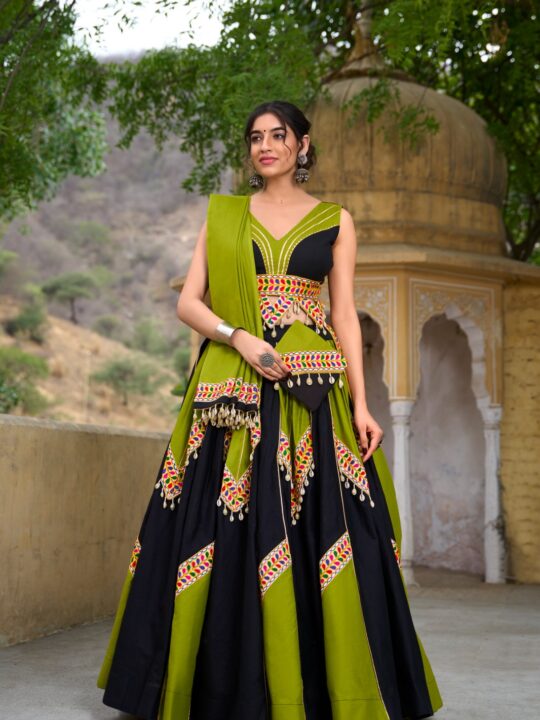 Front view of Cotton Navratri Lehenga Choli with Gamthi and Cowrie Lace