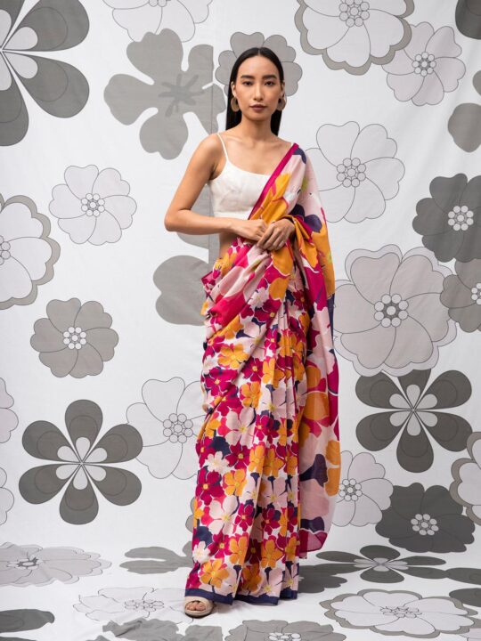 Floral linen printed saree with matching unstitched blouse – Pramukhmart