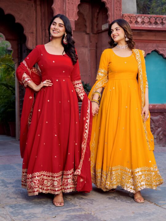 Embroidered faux georgette gown set with dupatta and pants – Pramukhmart