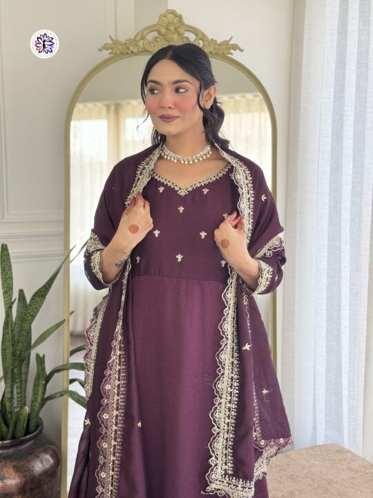 Back design of Vichitra silk suit with dupatta