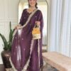 Front view of Vichitra silk kurti set with embroidered top