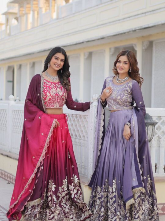 Front view of chinon embroidery chaniya choli with dupatta