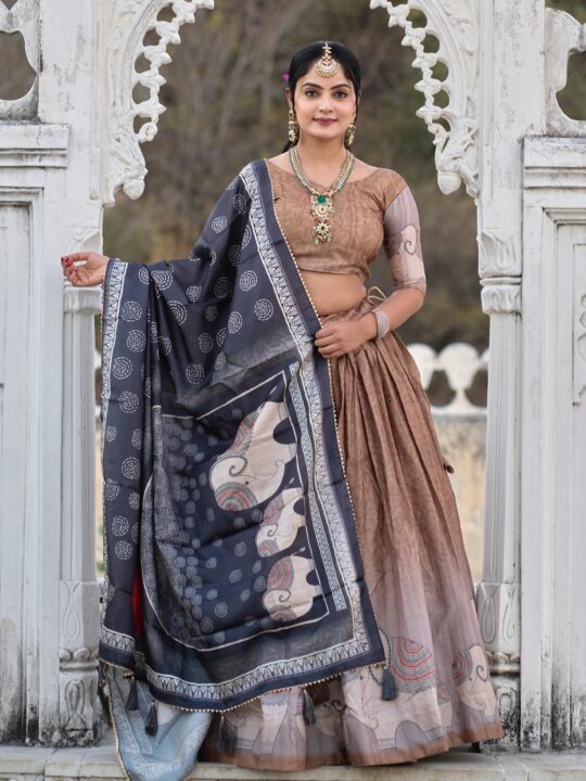 Front view of Manipuri silk chaniya choli with tassels
