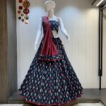 Front view of ikkat print cotton chaniya choli with dupatta