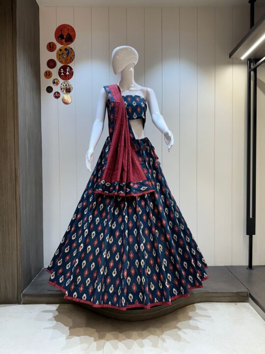 Front view of ikkat print cotton chaniya choli with dupatta