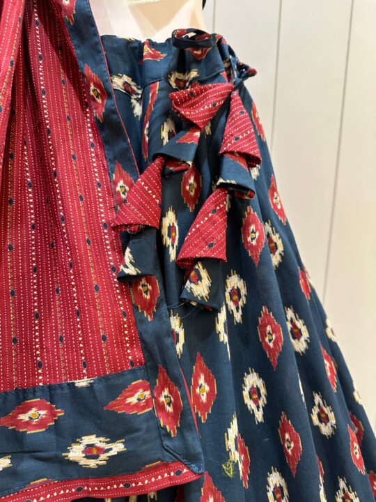 Close-up of camric cotton fabric with ikkat print