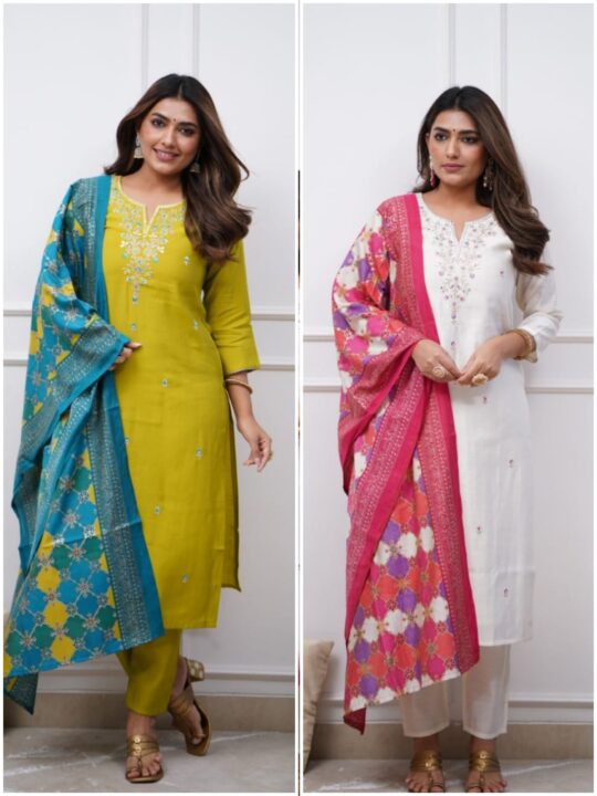 Heavy embroidered chanderi kurti set with lace dupatta – Pramukhmart