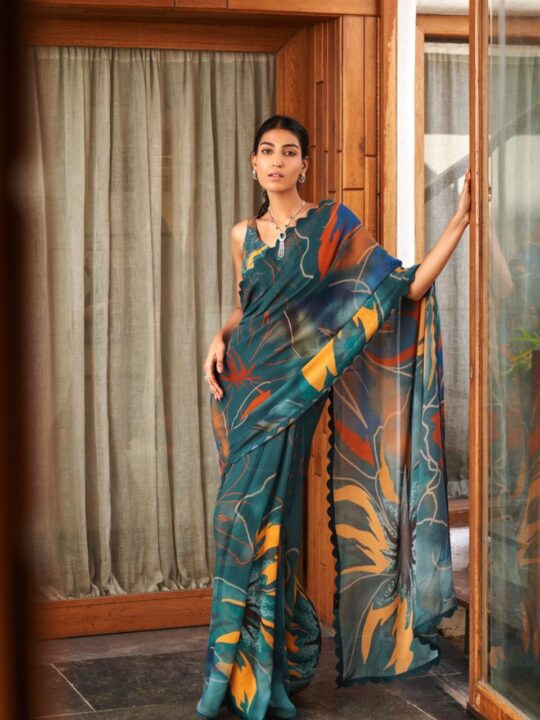 Soft Moss Silk Saree with Blouse – Lightweight Designer Saree from Pramukhmart
