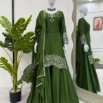 Front view of Chinon silk suit set with sequin work