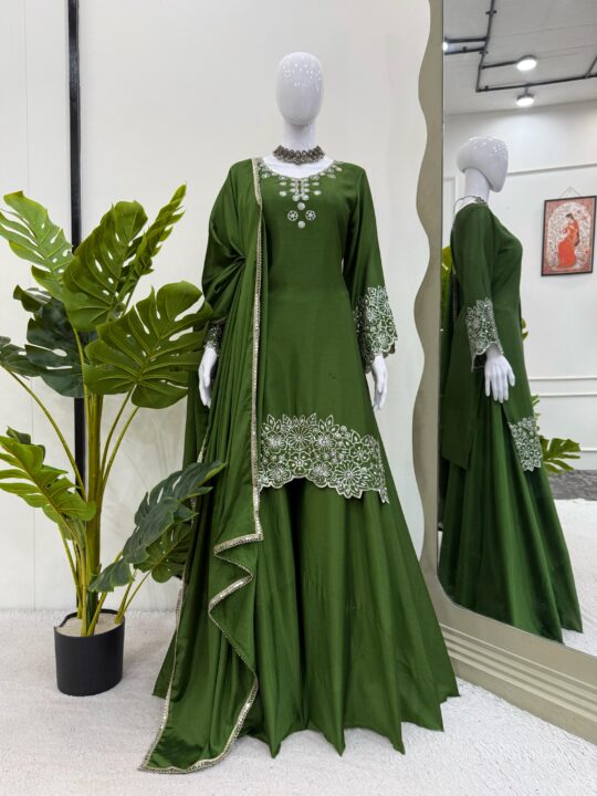 Front view of Chinon silk suit set with sequin work