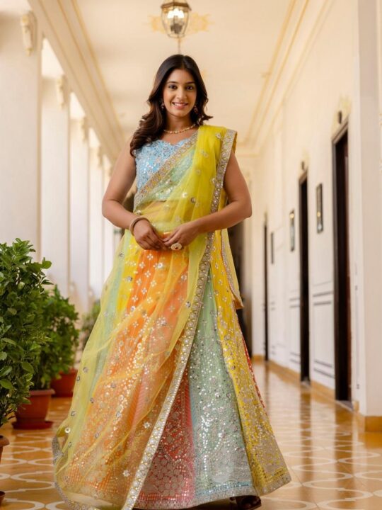 Faux georgette Chaniya choli with sequin embroidery and net dupatta – Pramukhmart