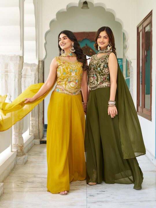 Star georgette embroidered blouse, plazzo, and dupatta set – Pramukhmart