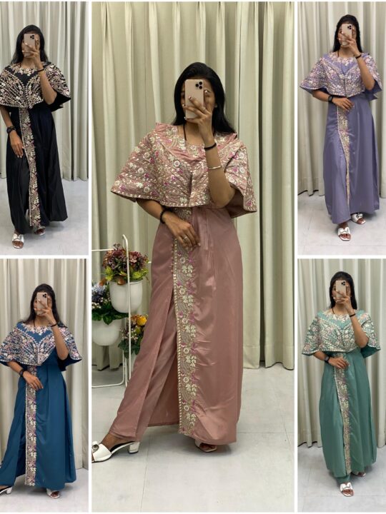 Western-style designer gown with cording sequin embroidery and foil work – Pramukhmart