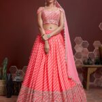 Coral pink organza lehenga with floral embroidery