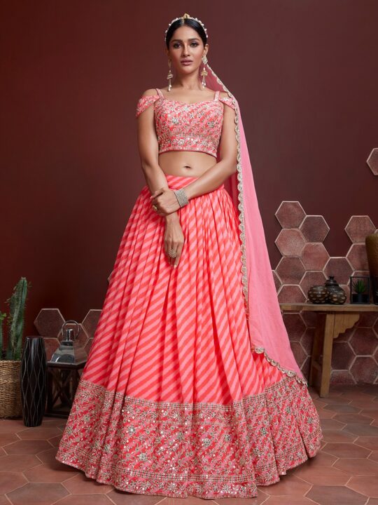 Coral pink organza lehenga with floral embroidery