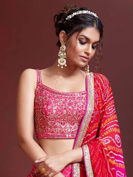 Mirror and zari embroidery close-up on Banglory silk blouse