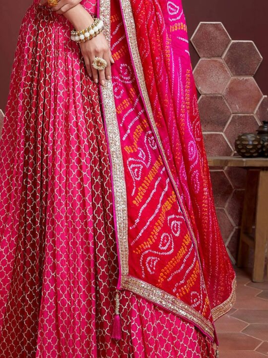 Red and pink Bandhani dupatta with golden lace border