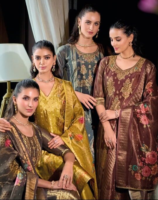 Front View of Elegant Banarasi Silk Salwar Suit Set with Dupatta – Pramukhmart