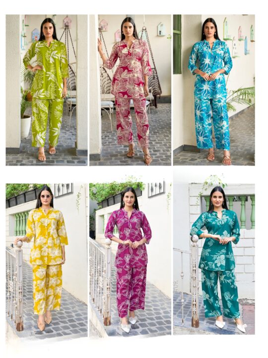 Front view of printed heavy rayon co-ord set for women