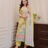 Yellow muslin embroidered festive suit with dupatta for women by Pramukhmart
