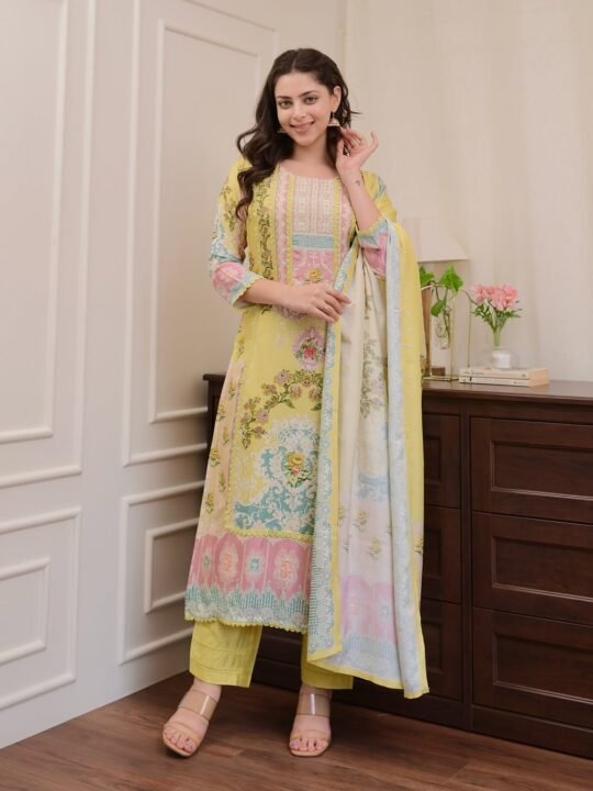 yellow muslin festive suit