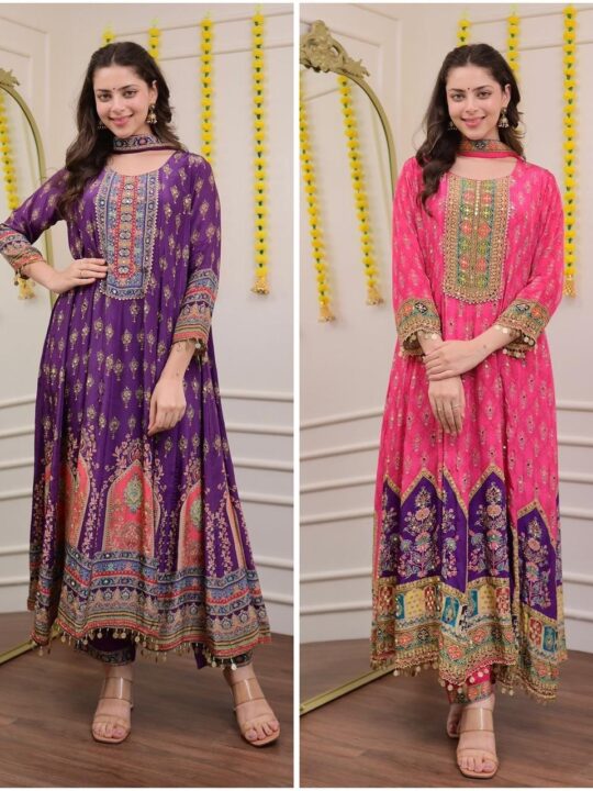 Purple and Pink Chinon Kurta Salwar Dupatta Set with Embroidery and Mirror Work – Pramukhmart