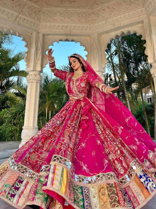 Printed muslin cotton lehenga with mirror work – front view